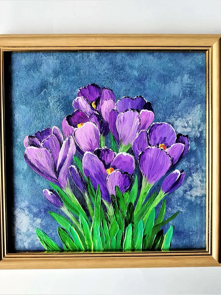 Crocuses painting Crocus bouquet Impasto painting artwork Purple Flowers palette knife painting