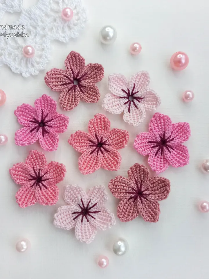Pink Cherry blossoms, Set of 8 flowers, Sakura flowers appliques, Spring flowers, Crochet Mini Flower