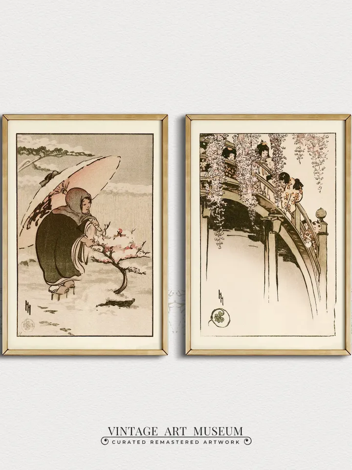 Vintage Japanese Art Prints Set of 2, Asian PRINTABLE Muted Wall Art, Minimalist Home Decor, Digital | #225 S2