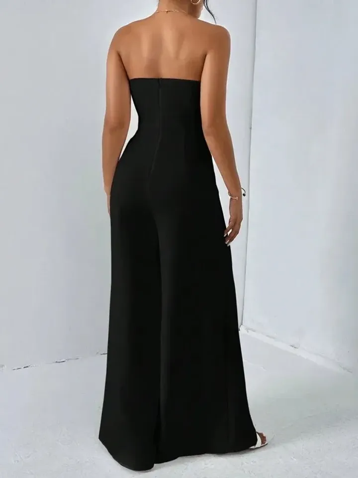 Black Solid Notched Neck Sleeveless Strapless Split Thigh Leg Tube Jumpsuit Women Ladies Casual Party Evening