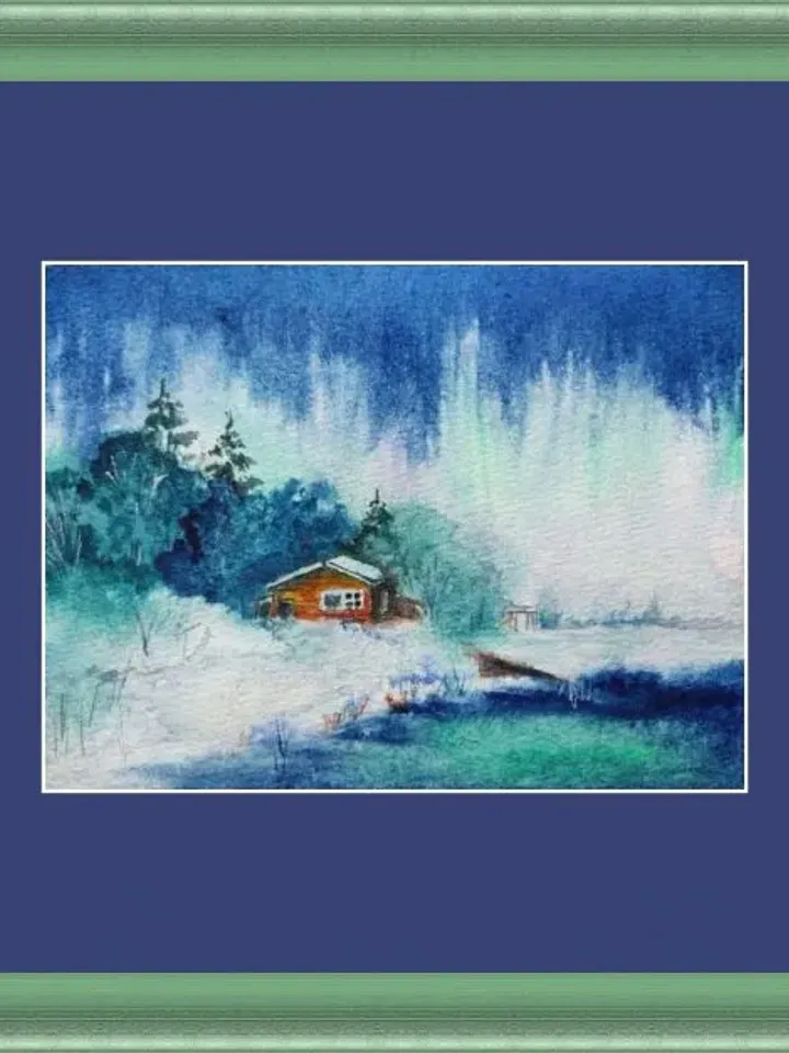 Northern lights landscape painting watercolor miniature 5 by 7.5