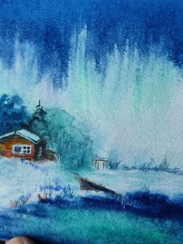 Northern lights landscape painting watercolor miniature 5 by 7.5
