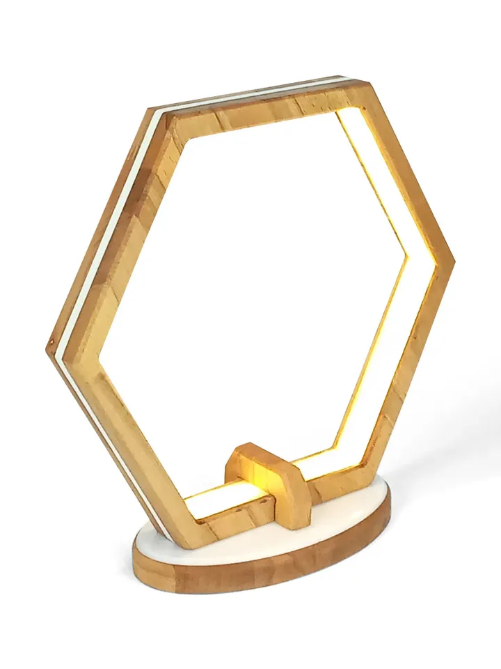 Hexagon LED table lamp, modern desk light, wooden lamp