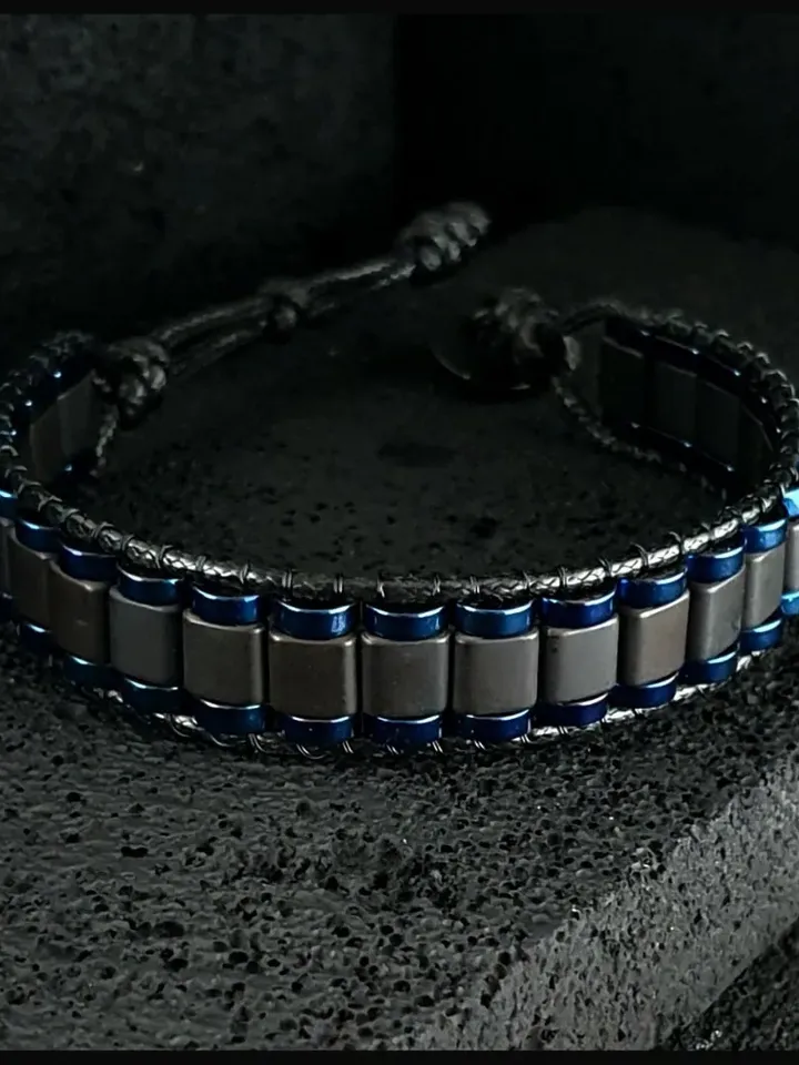 Matte Black Hematite Bracelet, Blue Hematite Gemstone Jewelry, Mens Gift, Classy Design Accessory, Formal Wristlet, Anniversary Gift