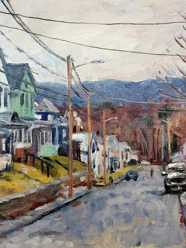 Original Cityscape Painting - North Adams Houses/Winter - 9x13 Oil on Panel, American Realist Landscape, Signed Impressionist Fine Art