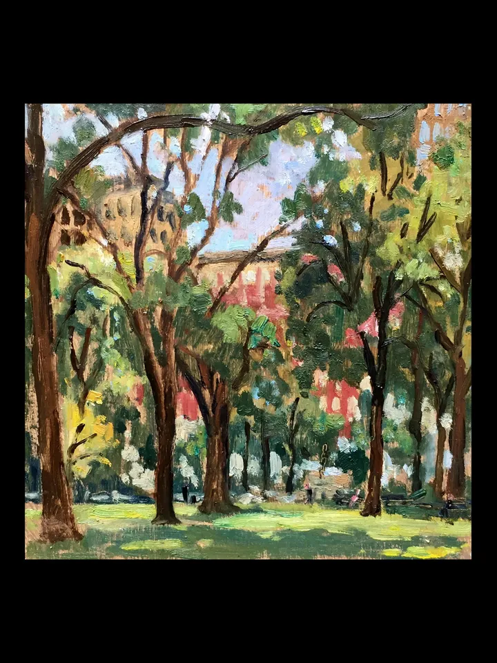 Original NYC Cityscape Painting -Madison Square Park/Summer Light- 8x8 Oil on Panel, New York Impressionist Fine Art, Signed Landscape