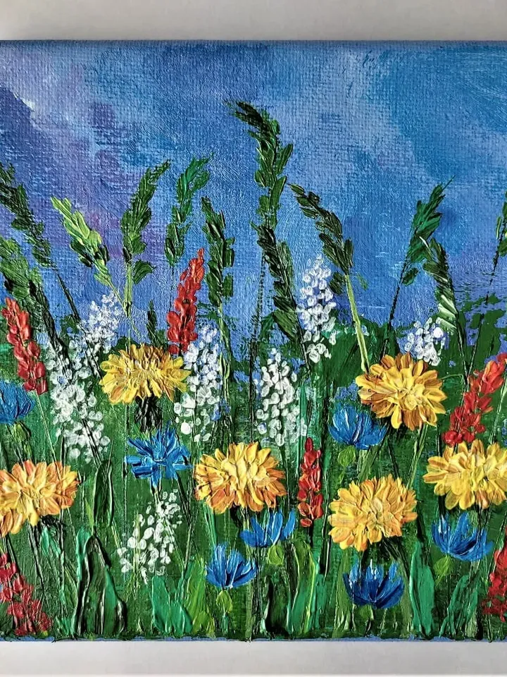 Wildflowers acrylic painting dandelion wall art impasto