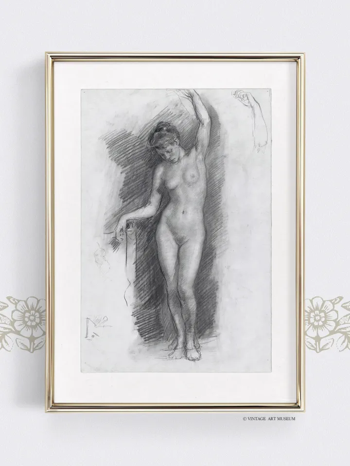 Standing Nude Female Vintage Sketch, Pencil Drawing, Printable Wall Decor, Downloadable | 259