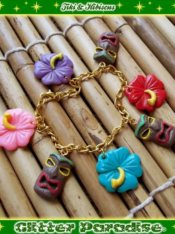 Tiki & Hibiscus - Bracelet - Tiki Jewelry - Tiki Oasis - Hula Girl - Vintage Exotica - Hawaii Jewelry Tropical - Wahine - Glitter Paradise®