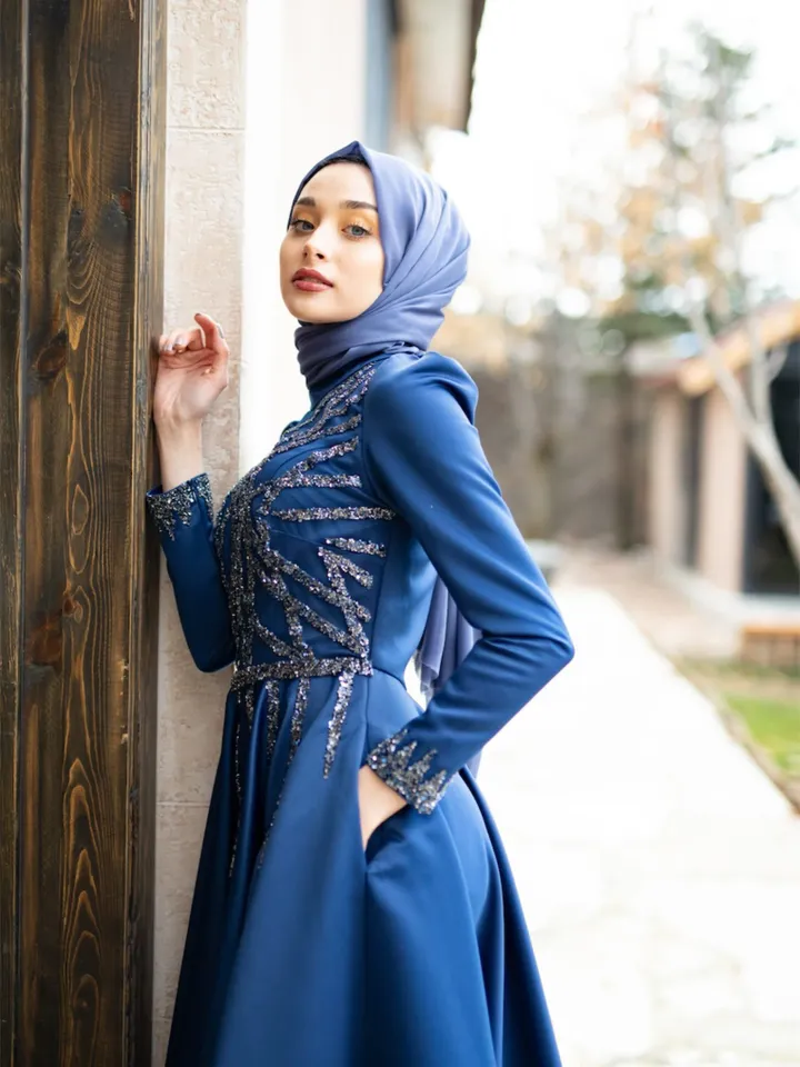 AHUNARE HIJAB - Suyolu  Navy Blue Embroidered  Satin Wedding Dress, Muslim Evening Gown, Nikah, Islamic Wedding, Engagement, Bridesmaid,
