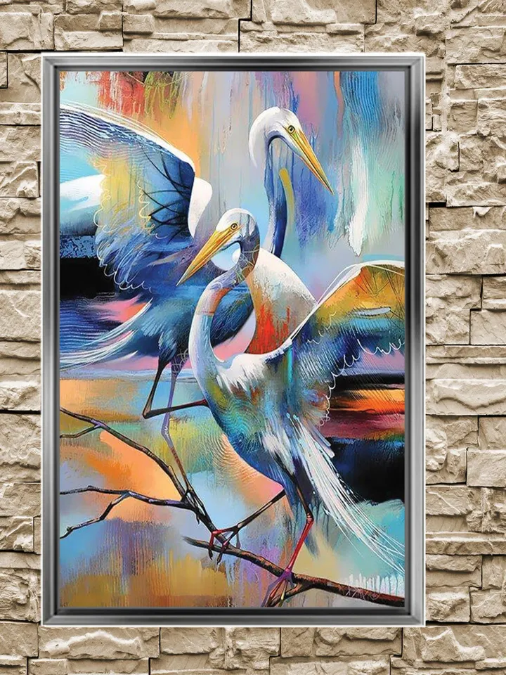 Abstract colorful storks Print on Canvas , Floating Frame Option, Modern Wall Art, Extra Large Canvas Wall Art