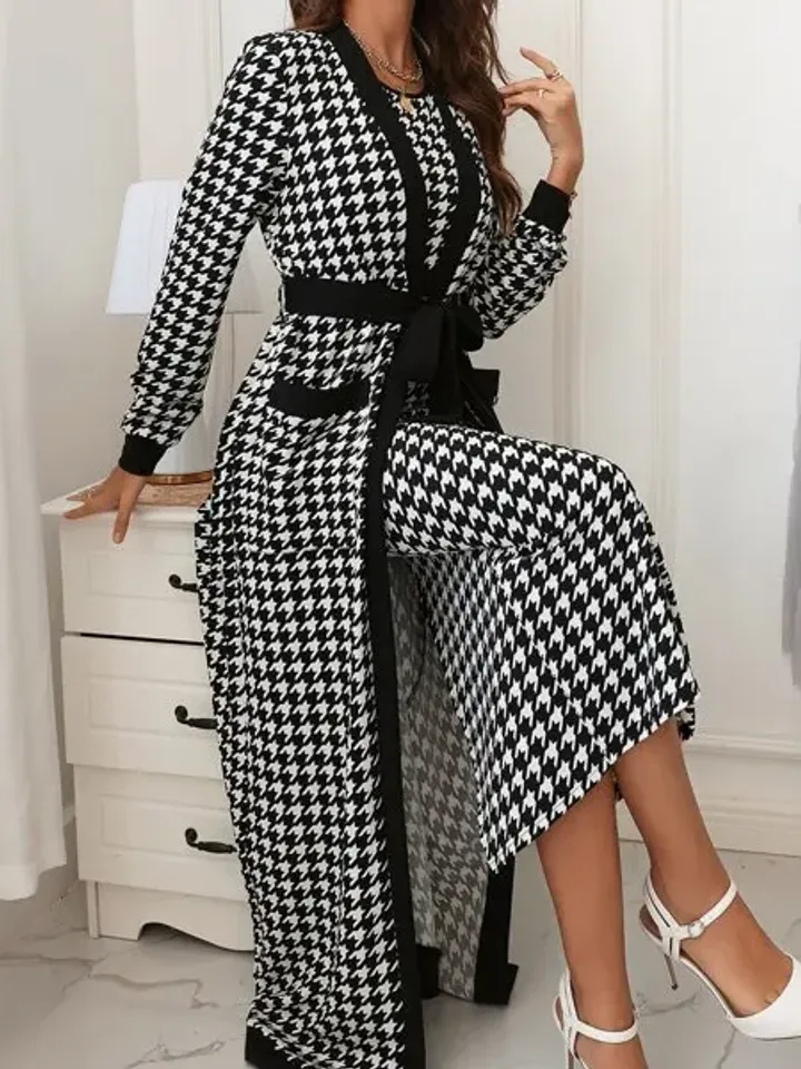 2Pc Set Co-Ord Houndstooth Open Front Pocket Belted Cardigan Coat & Pencil Dress