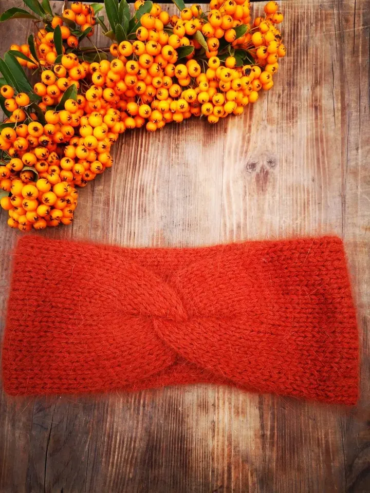 Warm, soft and fluffy women twisted headband, red bricks colour, made from natural, quality yarn.