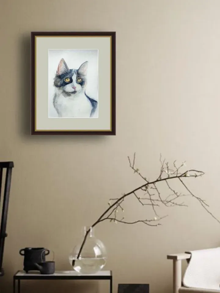 Cat painting white kitty artwork original watercolor art pet portrate white spotted cat