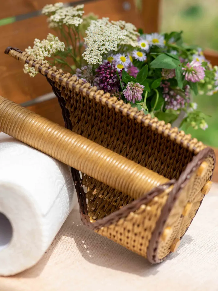 Paper towel holder with wooden tip. Wicker handmade holder.