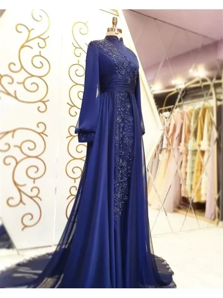 AHUNARE HIJAB - Elit Navy Blue Chiffon Tailed Wedding Dress, Muslim Evening Gown, Nikah, Islamic Wedding, Engagement, Bridesmaid,