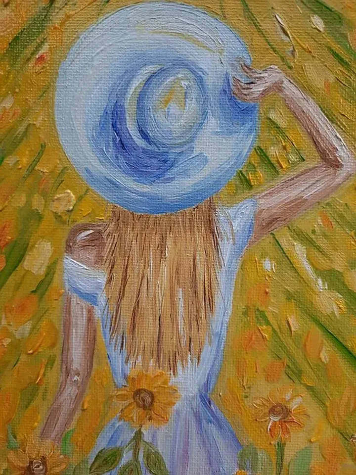 Sunflower field painting Girl in the field wall