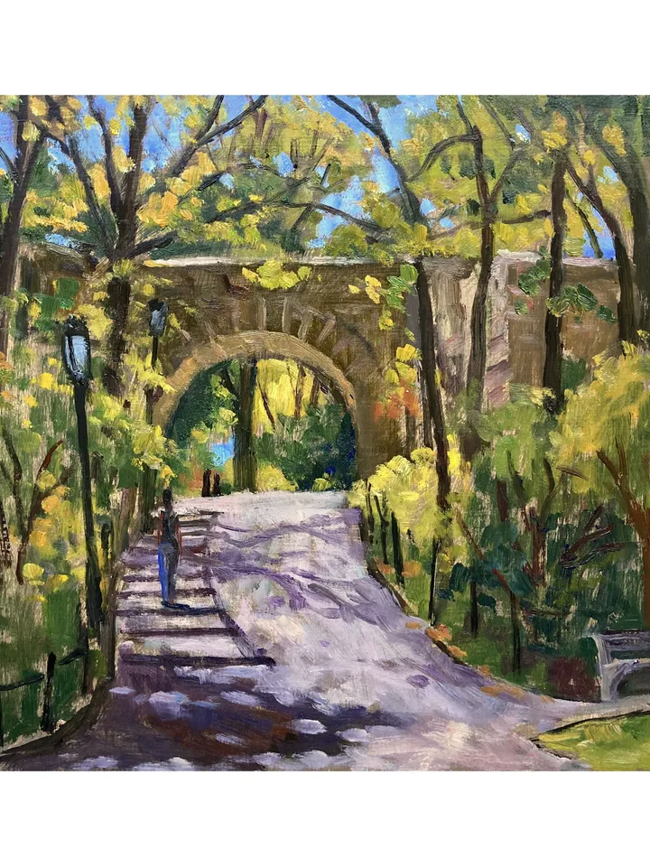 Original New York Landscape Painting- Linden Arch/Fort Tryon Park/NYC- 10x10 Oil on Panel, Plein Air Impressionist Fine Art
