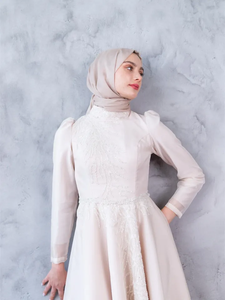 Mimoza Cream Embroidered Ahunare Wedding Dress, Muslim Evening Gown, Nikah, Islamic Wedding, Engagement, Bridesmaid, Maxi Dress