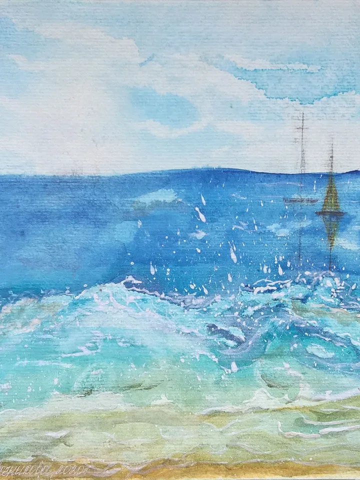 Watercolor painting depicting a sea wave and sailboat. Original watercolor painting