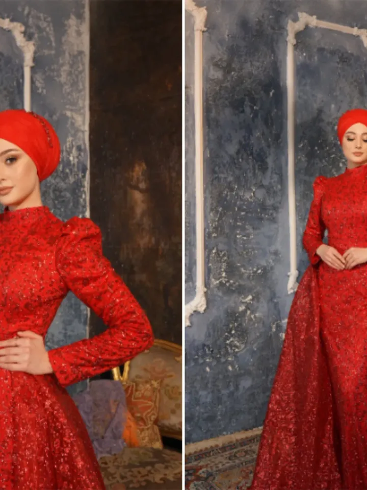 AHUNARE HIJAB - Versica Red Peplum Wedding Dress, Muslim Evening Gown, Nikah, Islamic Wedding, Engagement, Bridesmaid,