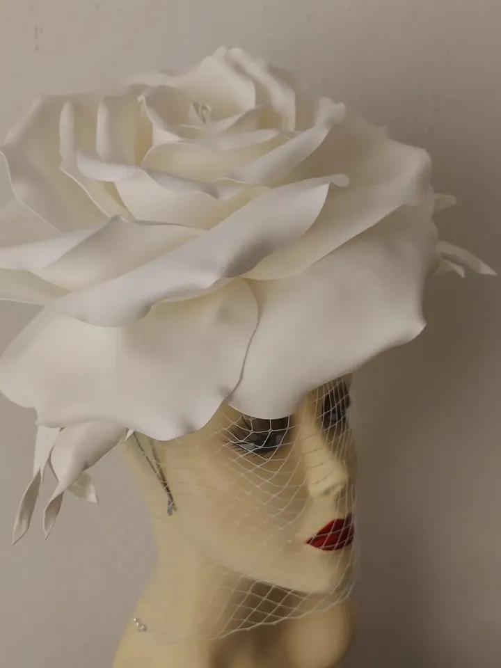 Large white rose veil Fascinator, Kentucky Derby Hat Wedding Headband, Bride 2024