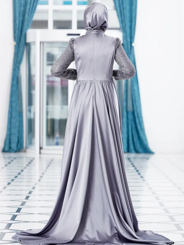 AHUNARE HIJAB - Berra Grey Satin Wedding Dress, Muslim Evening Gown, Nikah, Islamic Wedding, Engagement, Bridesmaid,