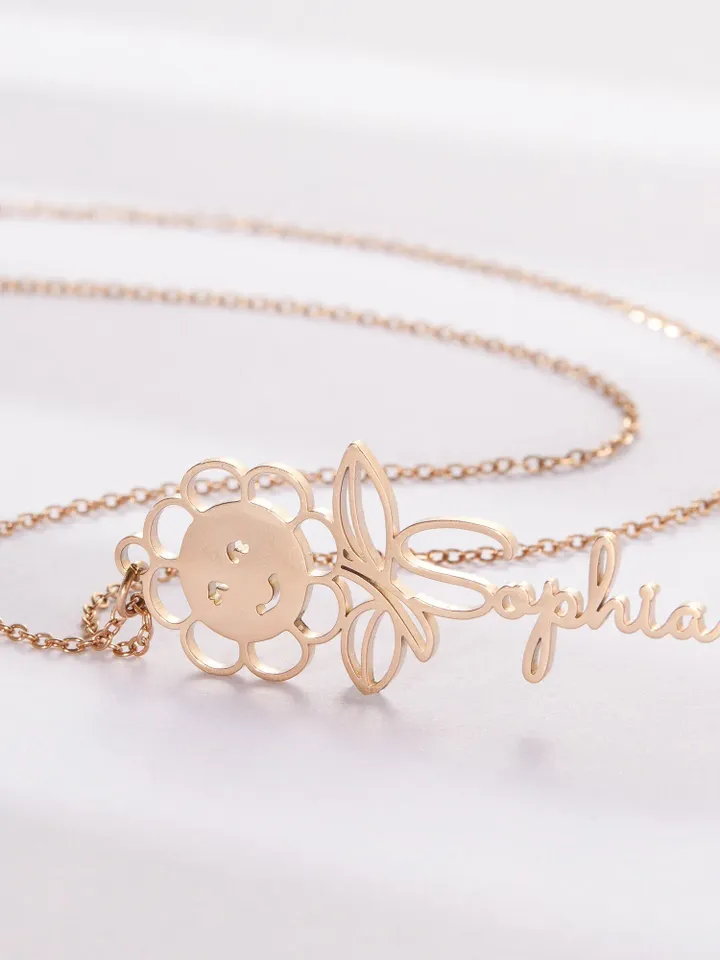 PERIMADE Birth Flower Name Necklace • Custom ID Initial Name Necklace • Sentimental Best Friend Jewelry • Trendy Bridesmaid Birthday Gift
