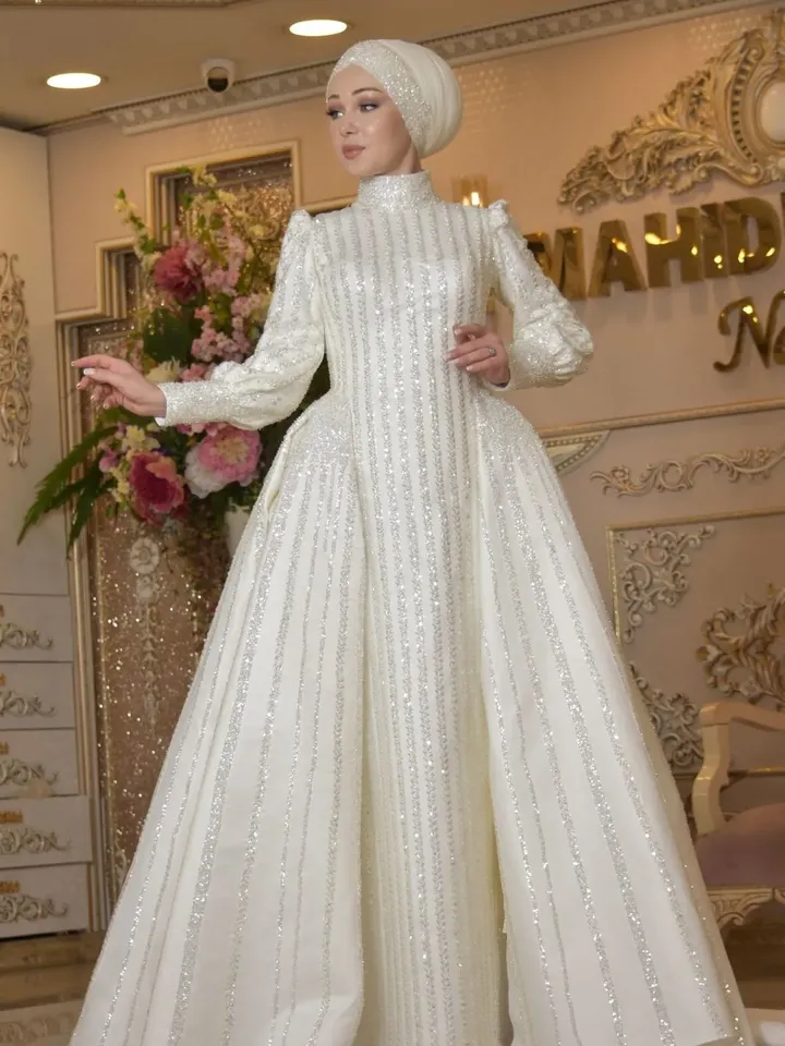 Hatun White Embroidered Bright Peplum Mermaid Wedding Gown, Bridal, Muslim Wedding, Hijab, White Wedding Dress, Islamic Wedding
