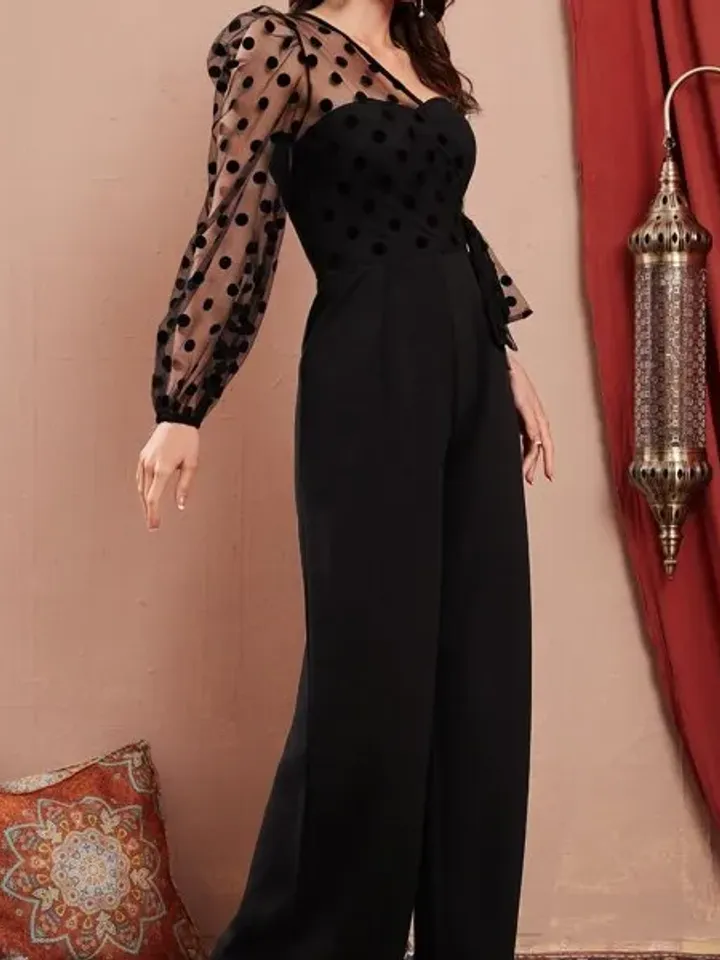 Polka Dot Mesh Asymmetrical Neck Puff Sleeve One Shoulder Wide Leg Jumpsuit
