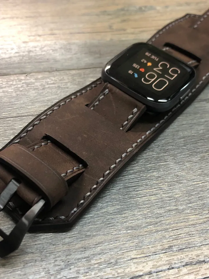 Fitbit Watch band, Versa 2, Lite, Watch Strap, Full Bund Strap, Leather Cuff Band, Brown leather Watch Strap
