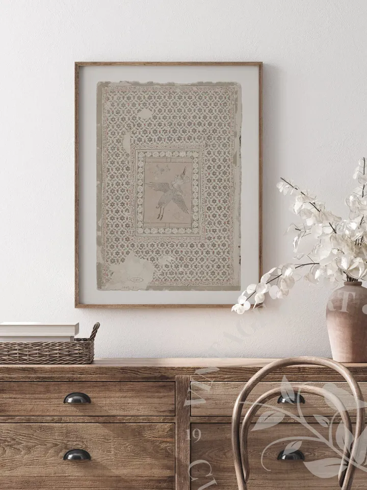 Neutral Tapestry Wall Art Print, Vintage Textile Hawk With Crane Watercolor, PRINTABLE Eclectic Art Download Decor | #252
