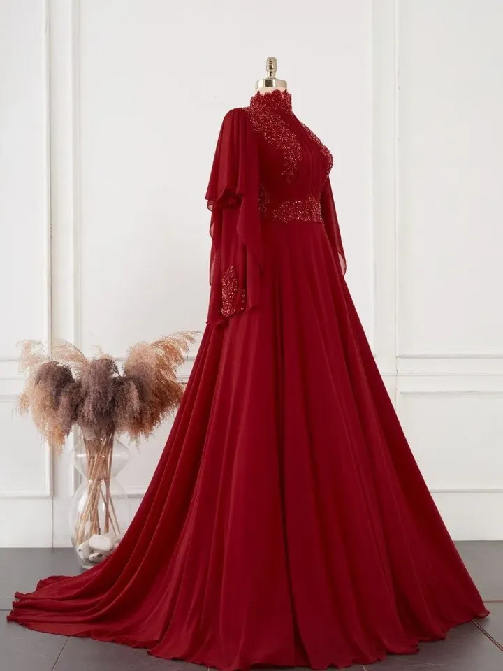 AHUNARE HIJAB - Sedef  Burgundy Chiffon Embroidered Wedding Dress, Muslim Evening Gown, Nikah, Islamic Wedding, Engagement, Bridesmaid,