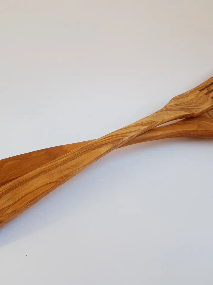 Olive Wood Curved Salad Server (Set of Spoon + Fork) - in 5 different sizes - Handmade in Albania - Cooking Tools