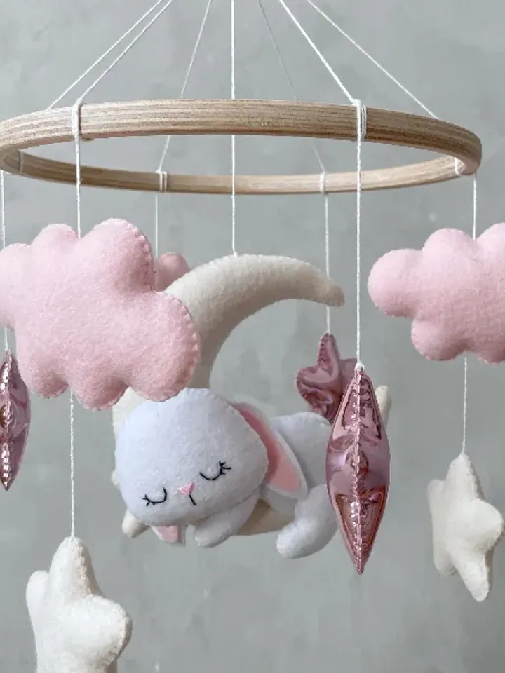 Bunny pink mobile baby girl. Woodland baby mobile. Bunny crib mobile girl. Nursery decor girl