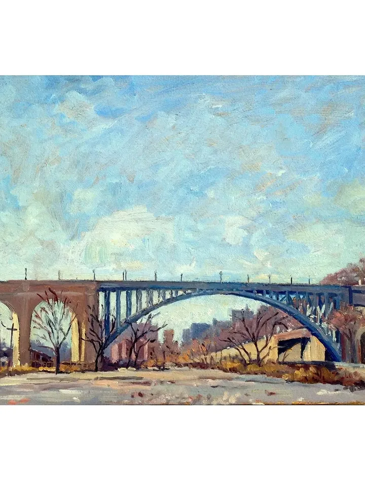 Original New York Landscape Painting -High Bridge/Winter Light NYC- 12x20 Oil on Panel, Urban Industrial Realist Fine Art, Signed Original