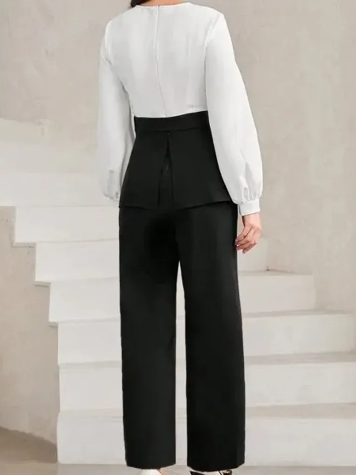 Elegant Colorblock Round Neck Bishop Sleeve Belted Jumpsuit Casual Women Ladies