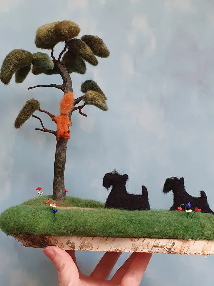 Scotch terrier, squirrel, walk in the woods, diorama with dogs, miniature scotty and squirrel, pine, dry felting composition