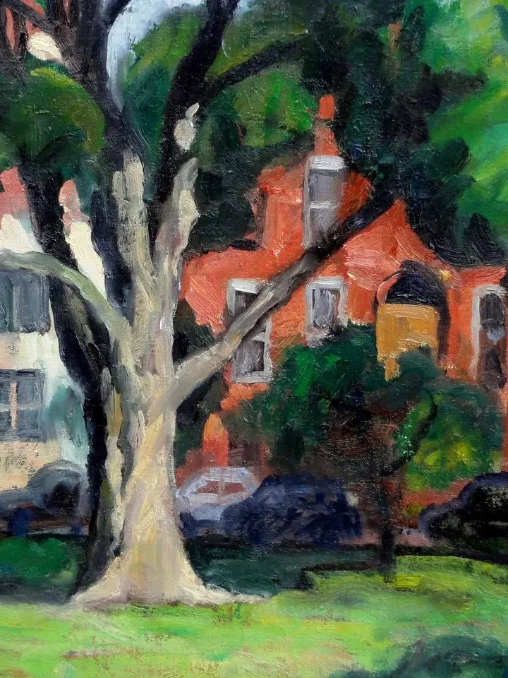 New York Landscape Painting - Tree and Brownstones/Albany- 18x24 Oil on Linen, Plein Air Impressionist Signed Original