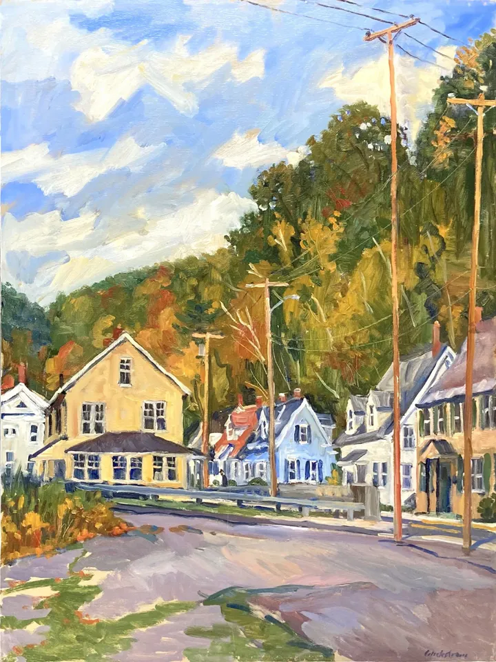 Large Original Landscape Painting -Mill Autumn Houses/North Adams- 18x24 Oil on Canvas, Berkshires Plein Air Impressionist Fine Art