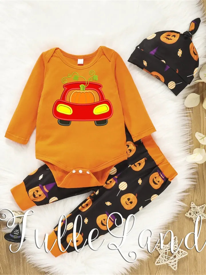 Halloween Red Truck with Pumpkin Machine embroidery applique design