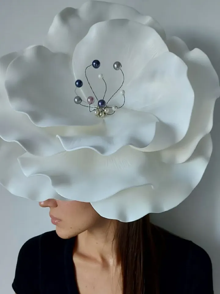 Large anemone fascinator with crystal beaded, Wedding flower hair clip, Women Derby hat, bloom headpiece, Ivory Bridal headgear