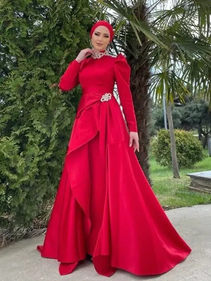 Ahsen Red Satin Tailed Embroidered Ahuanre Wedding Dress, Muslim Evening Gown, Nikah, Islamic Wedding, Engagement, Bridesmaid,