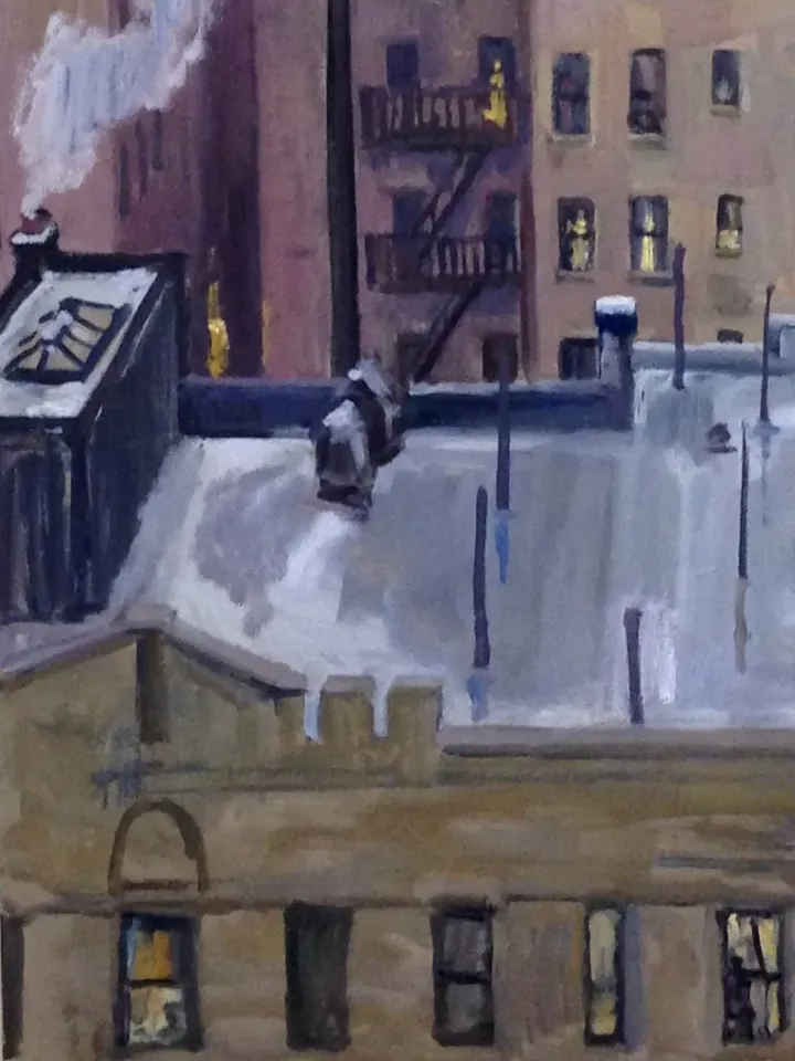Large New York Cityscape Painting -Snowy Rooftops/NYC- 27x36 Oil on Canvas, American Realist Urban Winter Scene, Signed Original