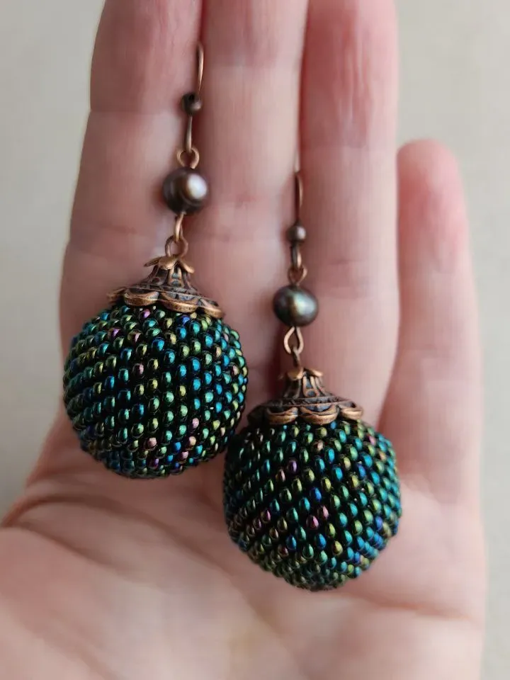 Green earrings balls with pearls earrings beaded earrings dangling drop earrings