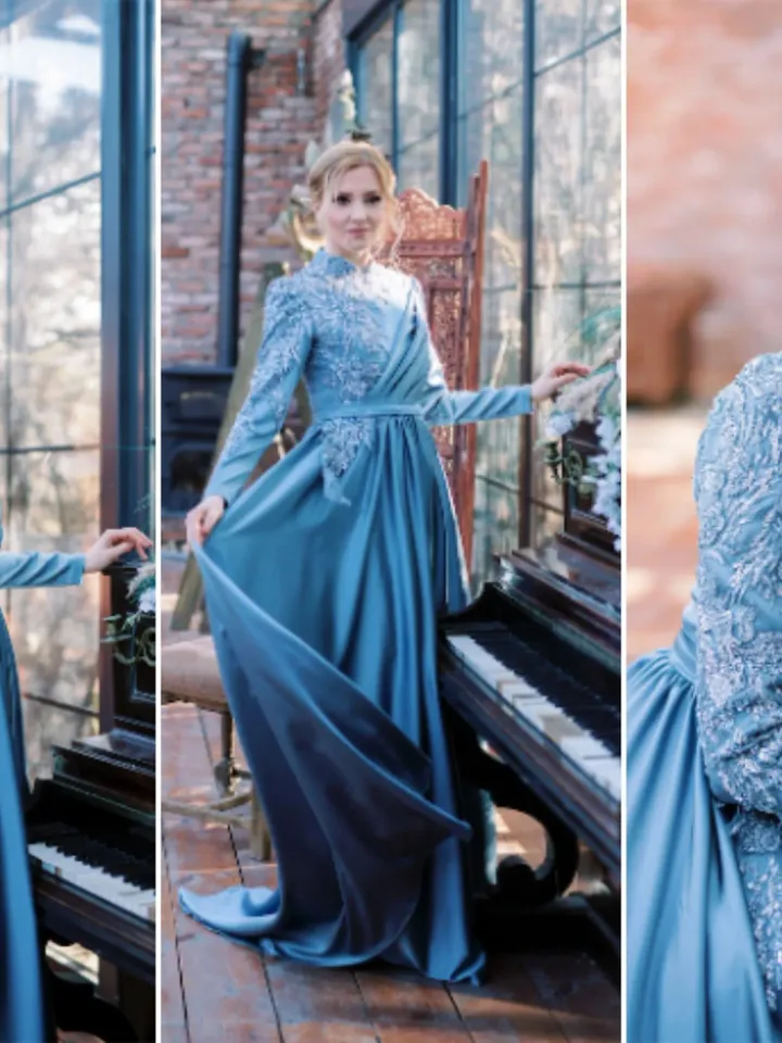 AHUNARE HIJAB - Lara Roza İndigo Satin Wedding Dress, Muslim Evening Gown, Nikah, Islamic Wedding, Engagement, Bridesmaid,