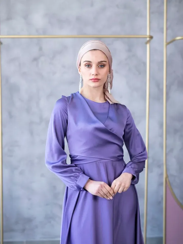 AHUNARE HIJAB - Çapraz Kemerli  Lilac Straight Wedding Dress, Muslim Evening Gown, Nikah, Islamic Wedding, Engagement, Bridesmaid,