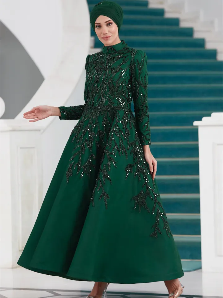AHUNARE HIJAB - Yıldız Emerald Embroidered Wedding Dress, Muslim Evening Gown, Nikah, Islamic Wedding, Engagement, Bridesmaid,