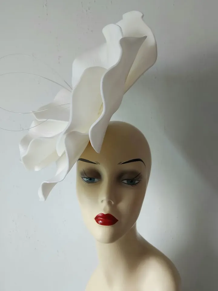 Large flower fascinator White bridal headband Mirror bloom wedding accessory Church Hat custom hat design 2024