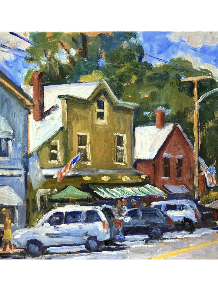 Original Berkshires Landscape Painting - Main Street/West Stockbridge- 8x8 Oil on Panel, Plein Air Impressionism, Signed Original